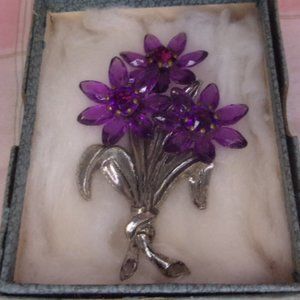Vintage Antique Purple Flower Brooch In Old Box